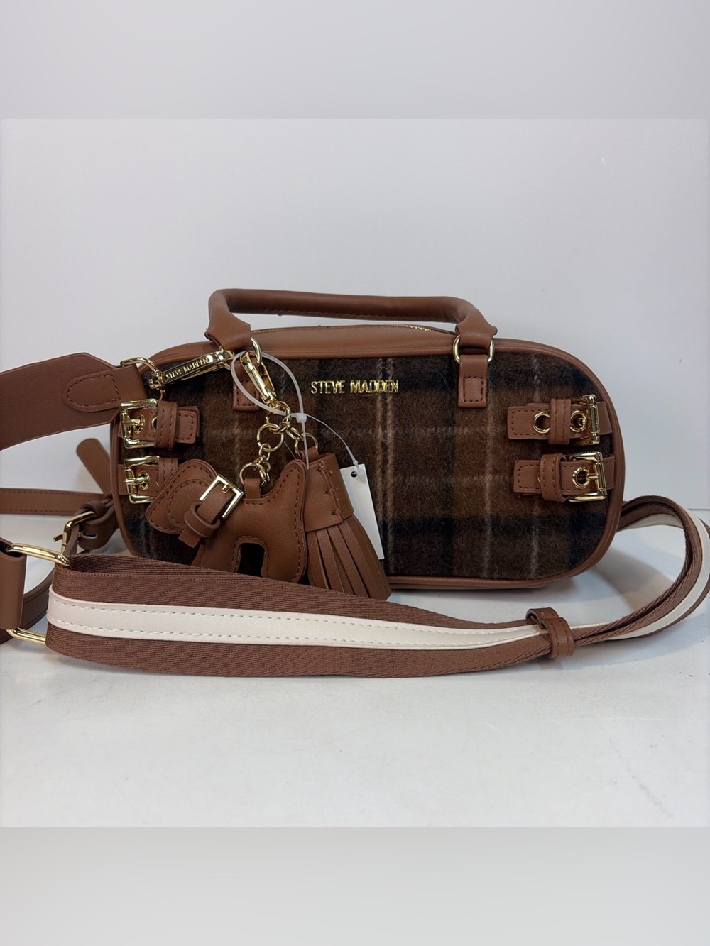 Steve Madden Brown Plaid Blennix Nutshell Crossbody Bag Tassel Dog Charm Fall